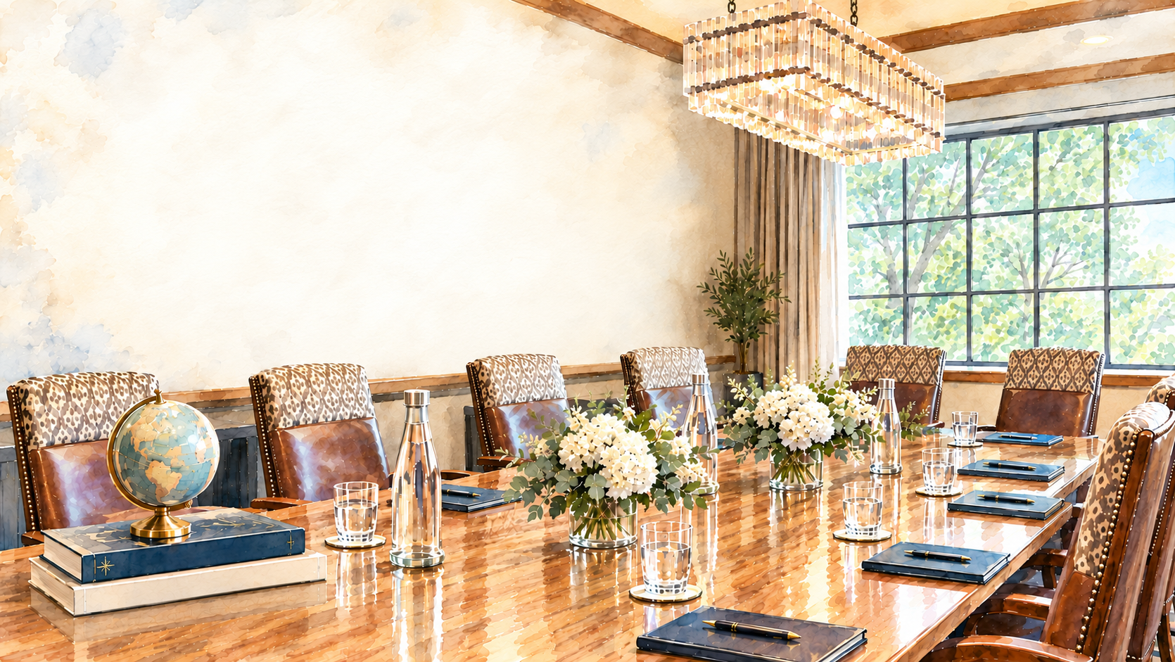 Watercolor illustration of an elegantly styled executive boardroom with leather chairs, fresh florals, and a crystal chandelier